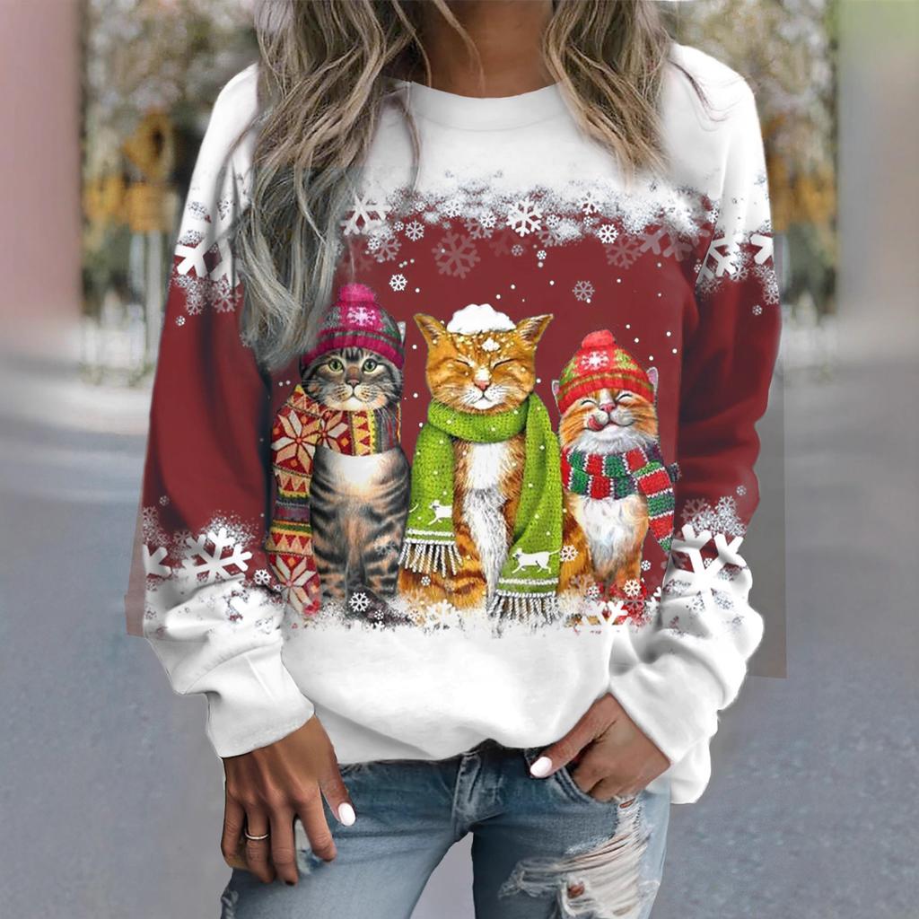 Top alla moda casual a manica lunga da donna, con scollo rotondo e stampa 3D a motivo di gatto, per Primavera e Autunno