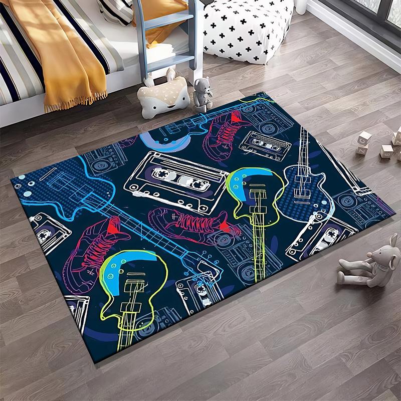 Music-Themed Carpet with Guitars, Cassette Tapes, and Sneakers Design Suitable for Use As an Anti-slip for Living Room Bedroom Sofas