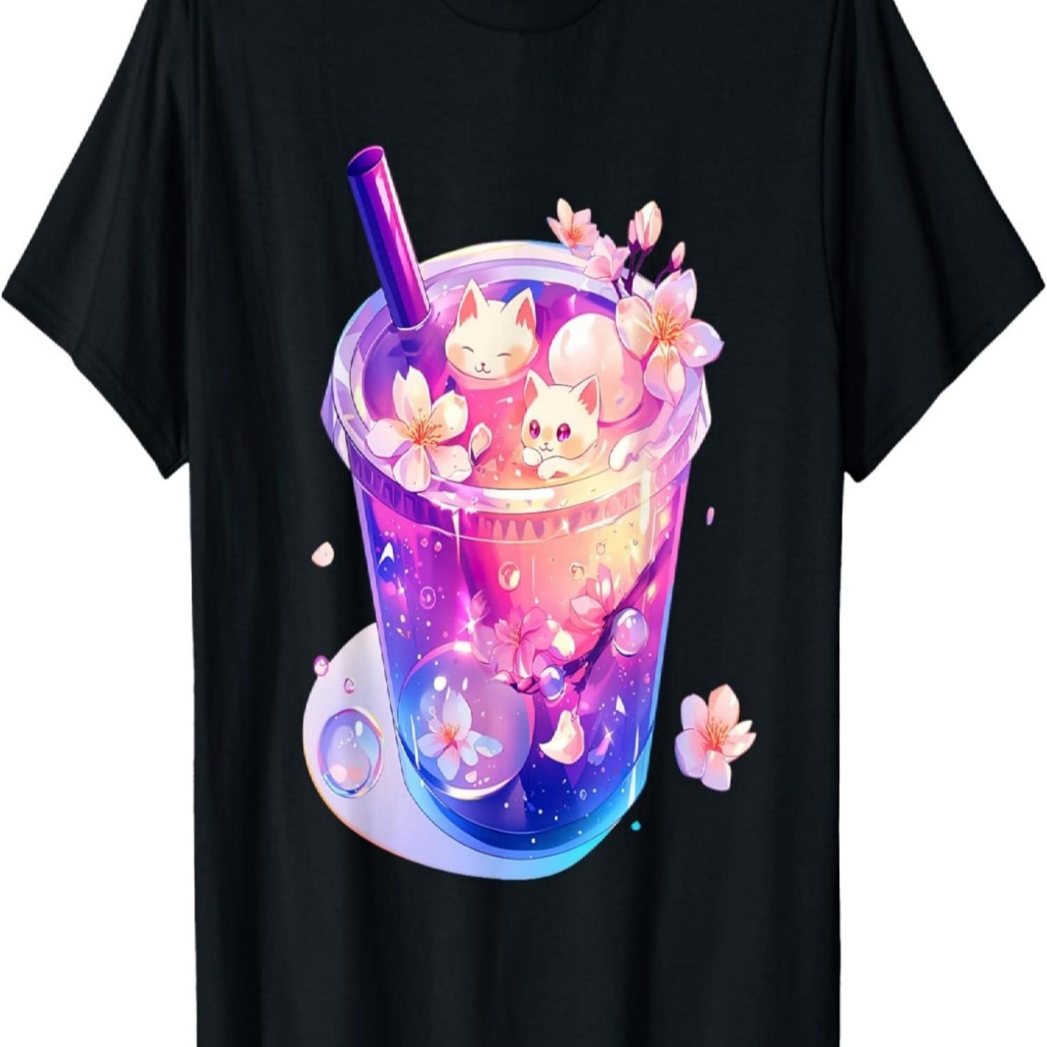 Cute Kawaii Cats In Bubble Tea Cherry Blossom  Anime T-Shirt S чёрный