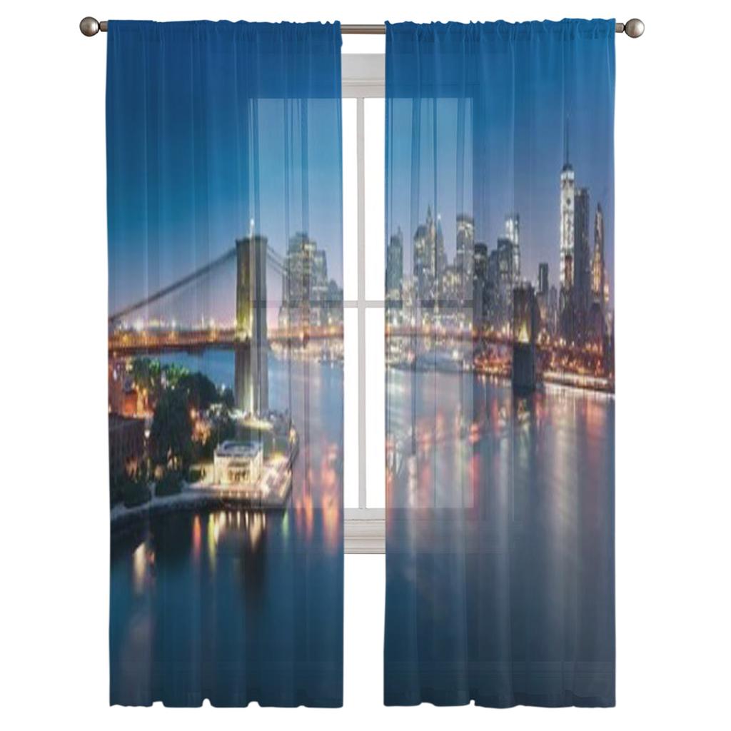 New York City Skyline Panoramic View At Sunset Chiffon Sheer Curtains for Living Room Bedroom Window Voiles Tulle Curtain