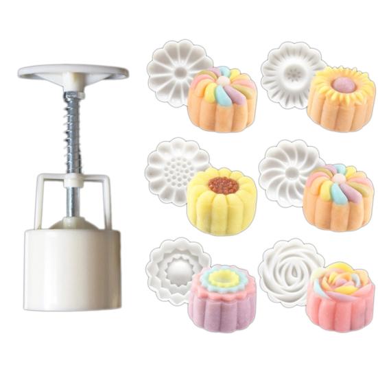 

1Pc Plunger + 6Pcs Stamps 3D Rose Flower Mooncake Mold Hand Pressure DIY Tool білий