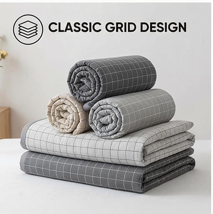 Plaid Print Washable Cotton Summer Cooling Quilt Lightweight Breathable Machine Washable for Student Dorms Single Double Beds Air Conditioner Rooms