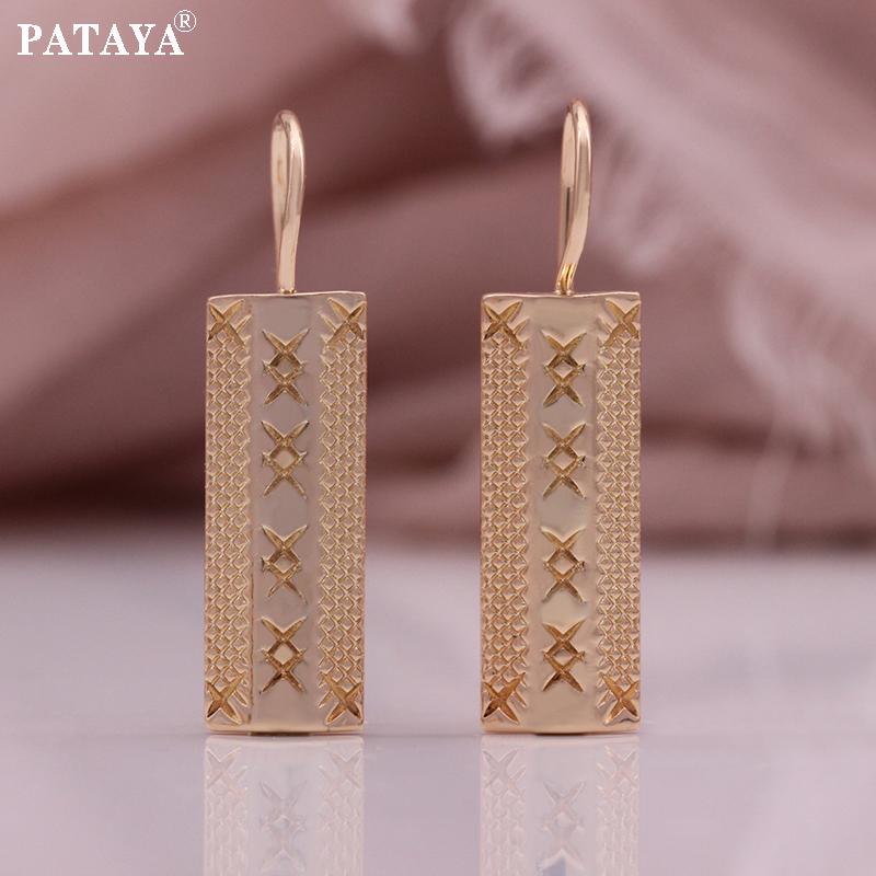 PATAYA 585 Rose Gold Color Rectangle Cut Flowers Earring