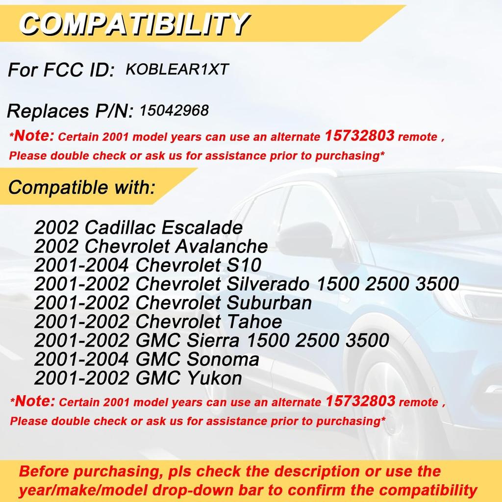 Key Fob Replacement for 2001-2002 Chevy Silverado Suburban Tahoe& GMC Sierra Yukon/ 01-04 S10 Sonoma/ 2002 Avalanche& Escalade Car Keyless Entry
