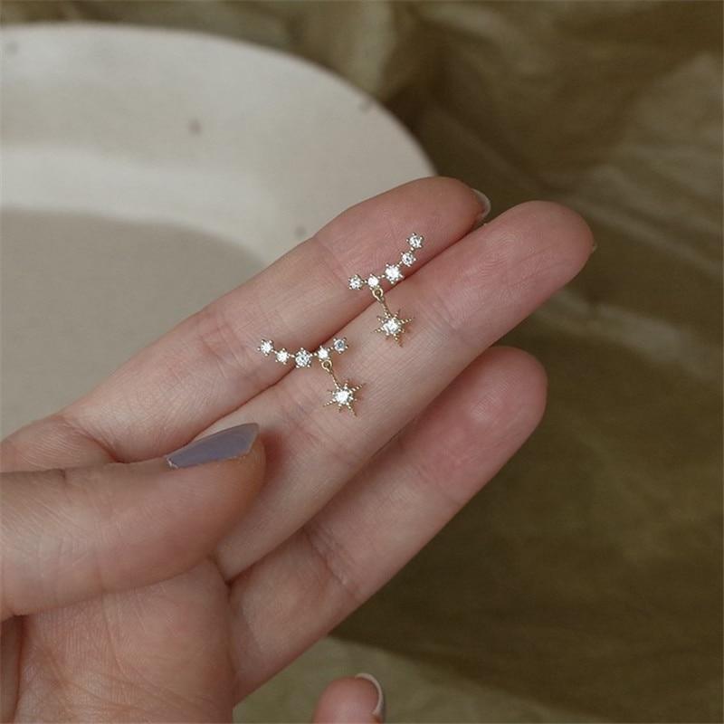 925 Sterling Silver Plating 14k Gold Crystal Star Sun Stud Earrings Women Elegant Banquet Jewelry