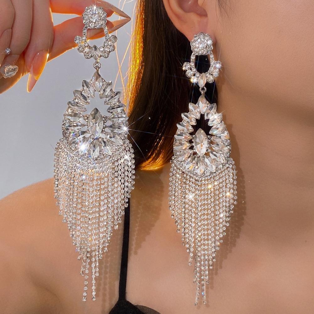 1 Pair Fashion Long Tassel Dangle Earrings Bling Bling Exaggerated Earrings Banquet
