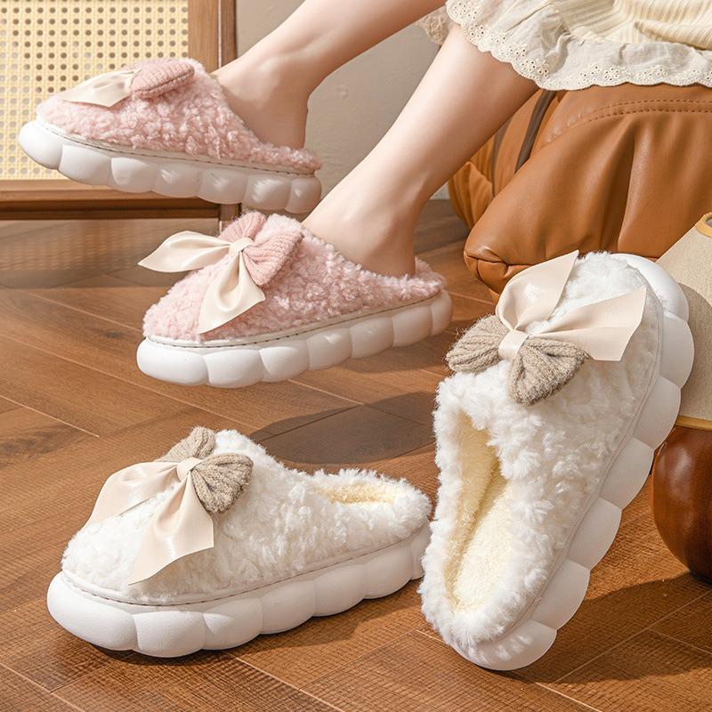 Cotton Slippers Women's Bow Autumn and Winter Thick-soled Non-slip Indoor Lightweight Plush Warm Wool Tray Confinement Shoes