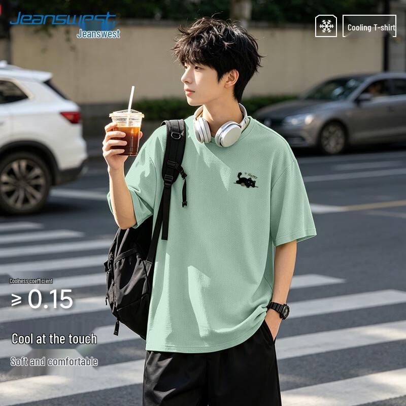 Jeanswest Men s 2026 Summer Cool-Feel Cat Print Short Sleeve T-Shirt M