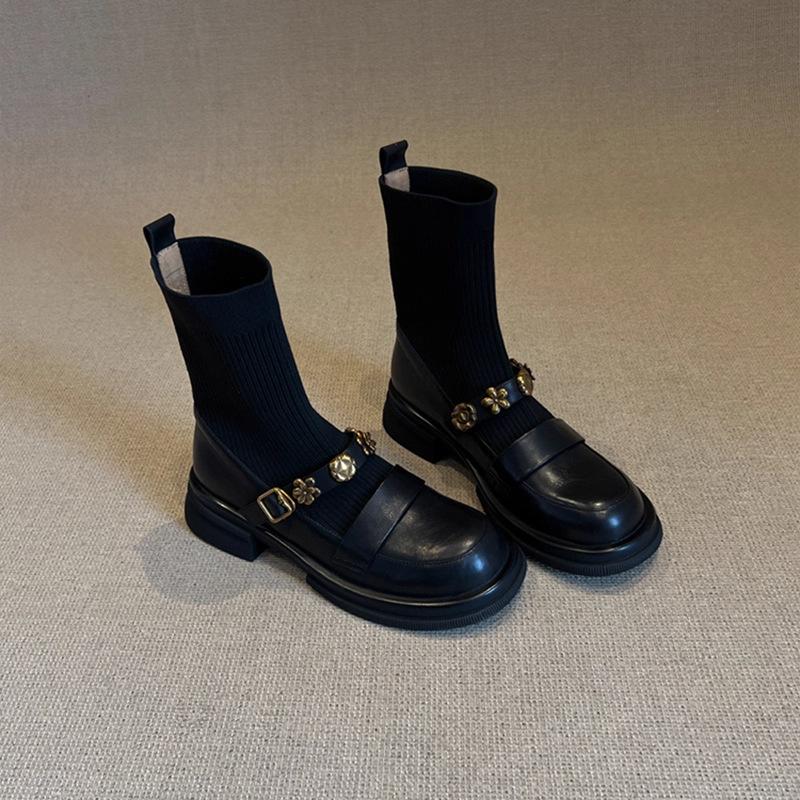 Cowhide version thick-soled metal buckle elastic boots short boots retro knitted thin boots women's loafers boots