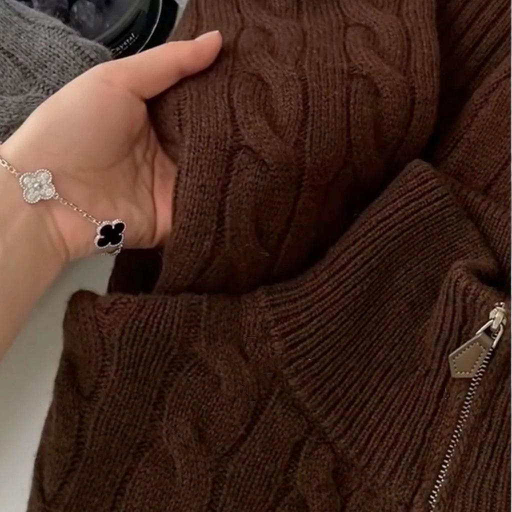 Women's American Style Coffee High-Neck Twist Knit Sweater - Autumn/Winter Versatile Half-Zip Base Layer