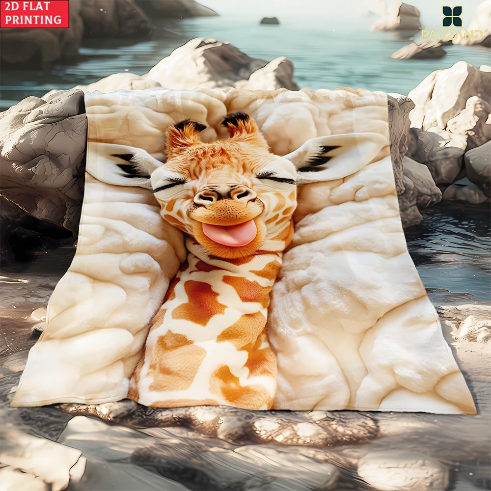 1pc 2D Flat Cute Furry Giraffe Print Portable Flannel Blanket Lightweight Warm Throw For Travel Camping Sofa Bed Office Decor