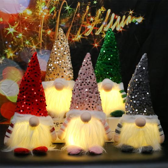 Light-Up Christmas Gnome Decoration Handmade Sequin Hat Faceless Dwarf Doll with