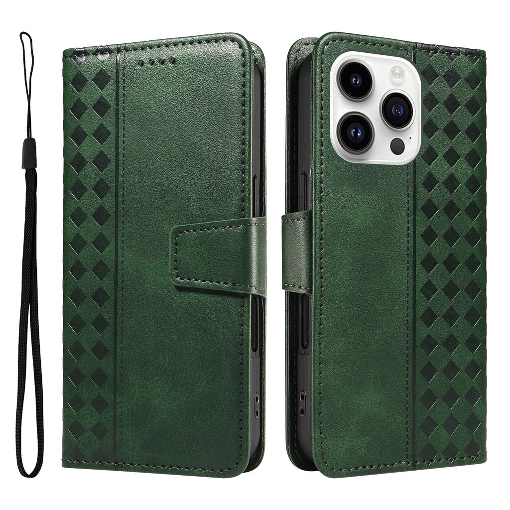 For iPhone 14 Pro Max Leather Case Wallet Stand Grids Imprinted Phone Cover with Strap