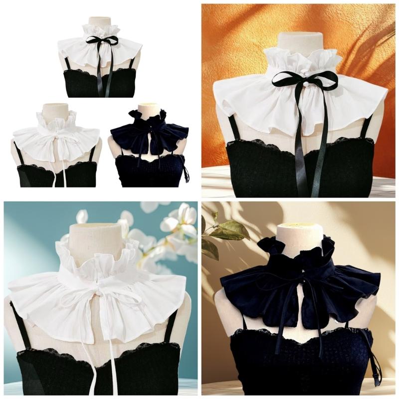 Vintage Ruffle Stand False Collar with Ribbon Tie for Women Victorian Detachable Neck Ruff Decorative Shawl Cape Boleros