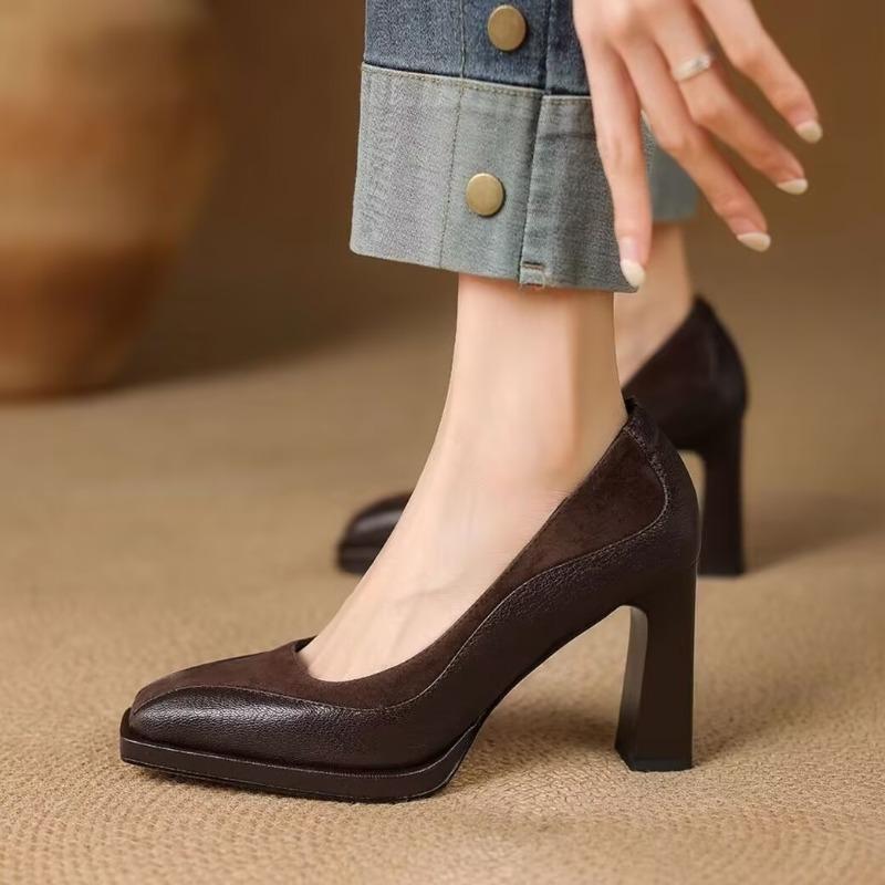 

Модные туфли на блочном каблуке, осенние новинки, квадратный носок, мелкий вырез, слипоны, противоскользящие, износостойкие, на высоком каблуке 34