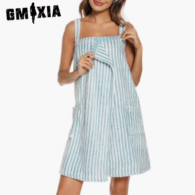 

GMXIA Женская майка-халтер из махровой ткани в полоску, юбка для ванной, банное полотенце, сексуальный халат XXL синий