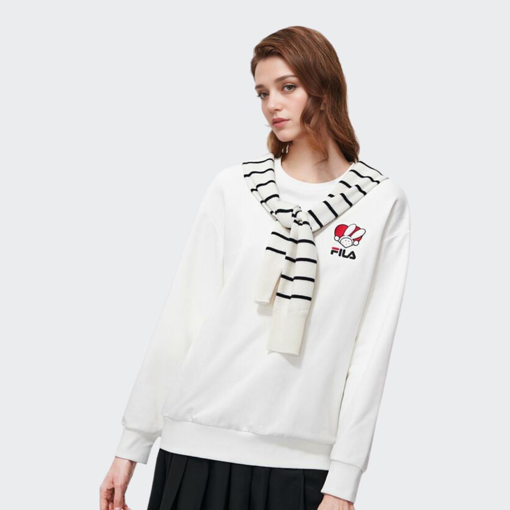 Fila CNY Bunny Collaboration Series Embroidered Logo Casual Loose Round Neck Knit Pullover Sweater Unisex Tops Cloud-Mushroom-White F11U319207F-WT