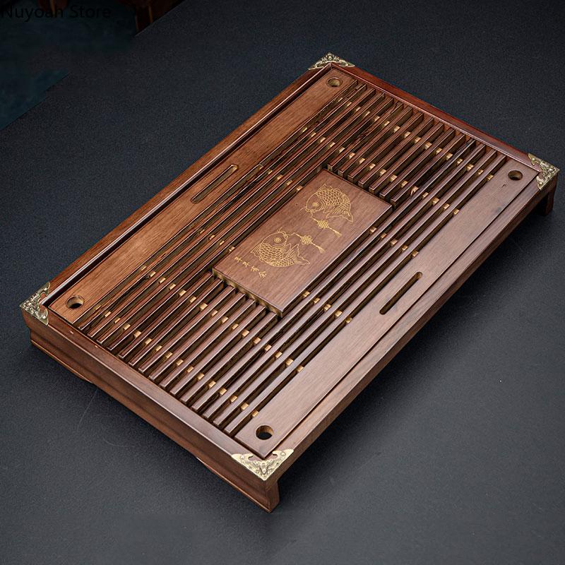 Chinese Solid Wood Tea Tray Drain Household Kung Fu Tea Set Tea Tray Storage Supplies Living Room Coffee Table Decoration