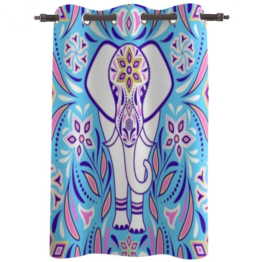 Elefant und abstrakte Blumen auf blauem Fenstervorhang für Kinderzimmer Heimrollos Vorhänge für Wohnzimmer Schlafzimmer Fensterdraperien