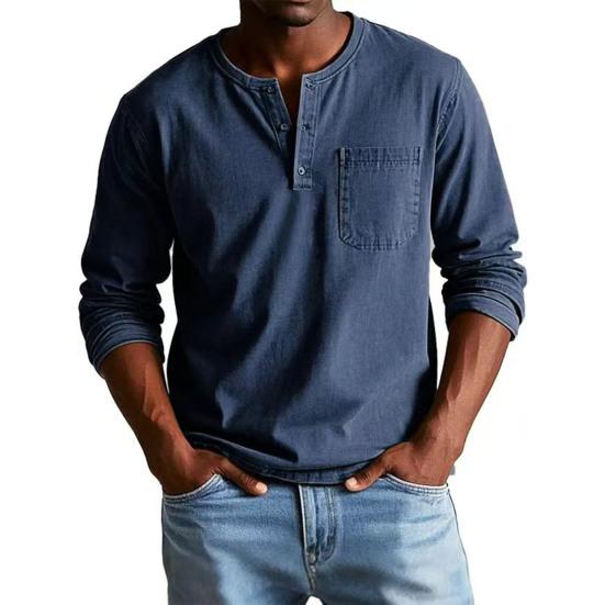 Maglietta da uomo Girocollo Bottoni Colletto Manica Lunga T-shirt con Taschino Frontale Tinta Unita Vestibilità Slim Top Casual