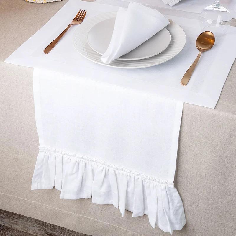 100% Cotton Ruffle White Table Runners For Rustic Wedding Decoration Baby Shower Birthday Party Living Room Kitchen Dinner Decor