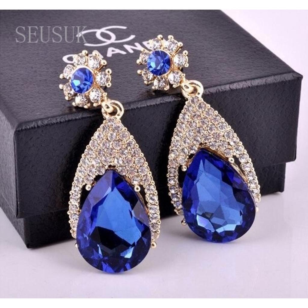 Fashion Blue Large Crystal Vintage Pendant Earrings Female Dangle Earrings Jewelry