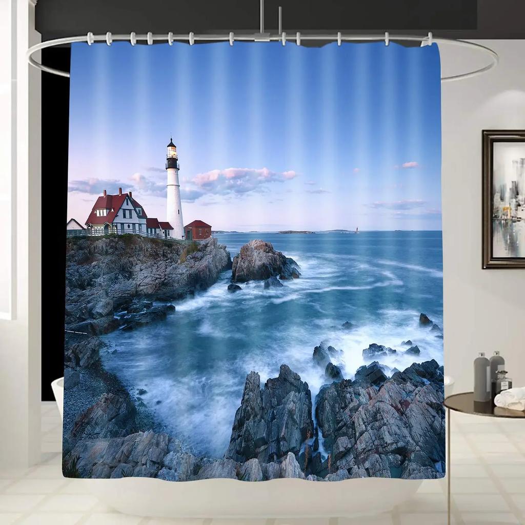 Seascape Wall Decor Portland Head Lighthouse Shower Curtain Landscape Artwork Tropical Ocean Art Curtain For Bathroom With Hooks