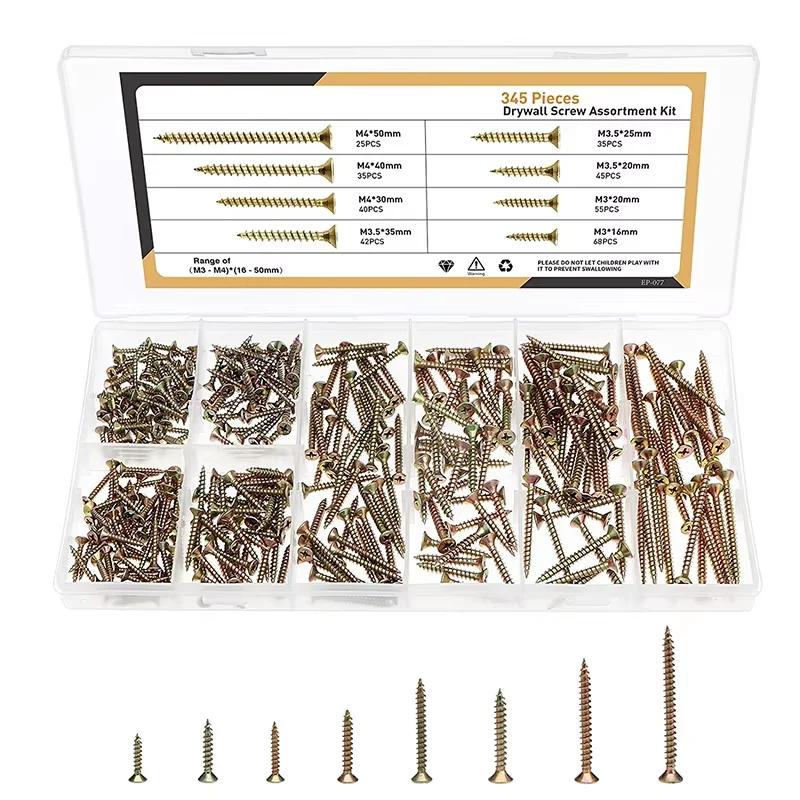 

Набор саморезов 345 шт. - M3/M4, крестообразный шлиц и потайная головка, для деревообработки и ДВП