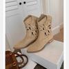 Cowhide Version~ New Short Boots Women's Western Cowboy Boots Embroidered Hollow Women's Thick Heel V-mouth Thick-soled Retro Knight Boots Women