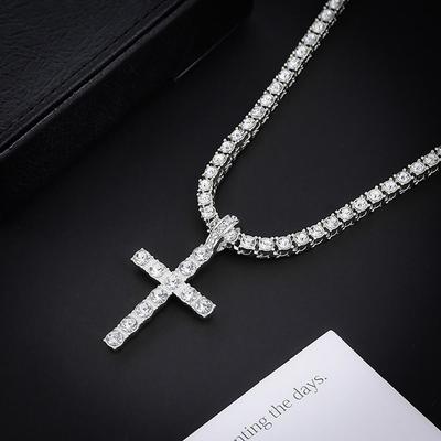 European & American Hip Hop Rhinestone Cross Pendant Cuban Chain Necklace - Full Rhinestone Tennis Chain Trendsetter