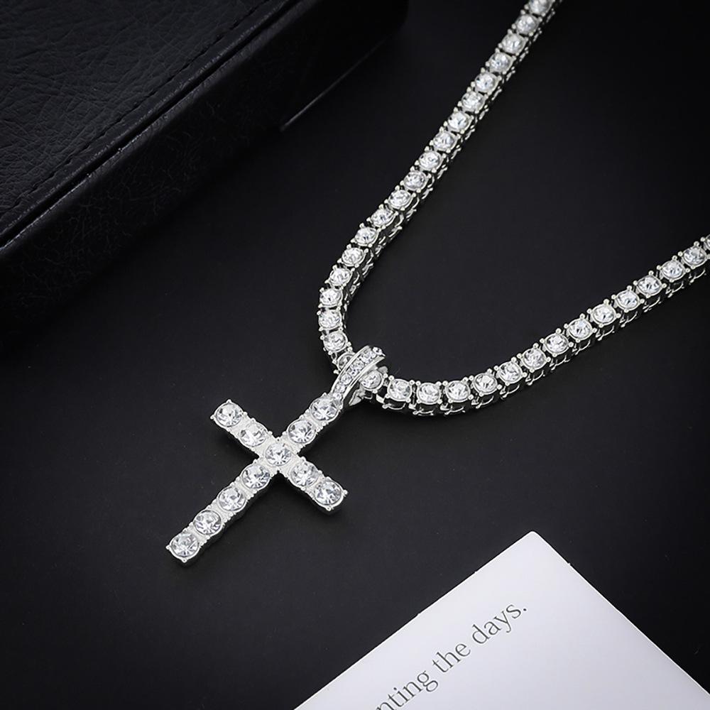 Eco-Friendly European & American Hip-Hop Zinc Alloy Rhinestone Cross Pendant Necklace with 4mm Diamond Tennis Chain