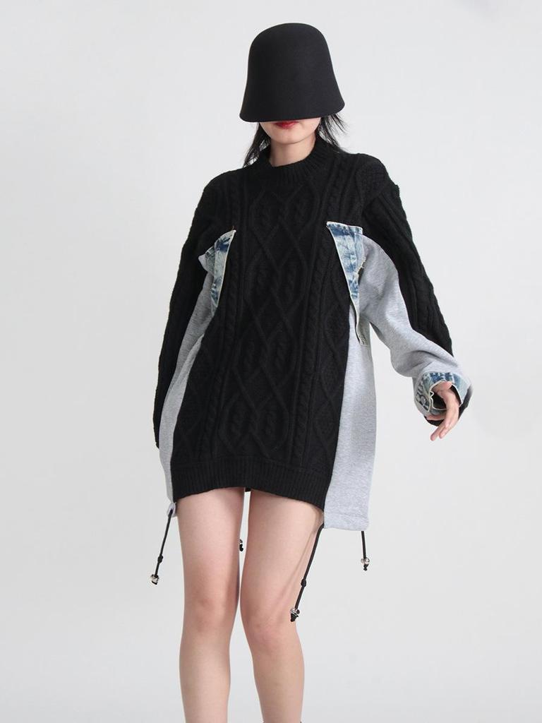 European High-End Denim Patchwork Knit Lazy Sweater, Autumn/Winter 2026 Collection