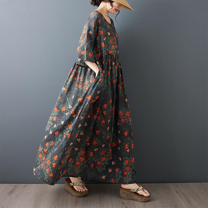 Short Sleeve Plus Size Cotton Vintage Floral New In Dresses for Women Casual Loose Long Summer Dress