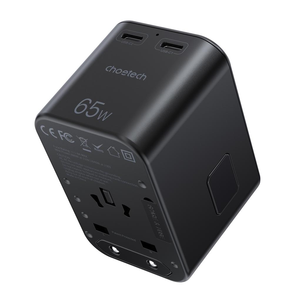 Choetech PD5009-BK GaN 65W Travel Adapter - EU/US/UK/AU 2x USB-C, USB-A, Black