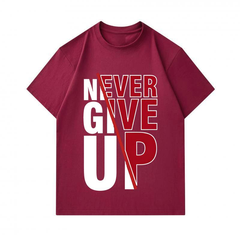 Men's 100% Cotton Crew Neck Short Sleeve T-Shirt, Classic Never Give Up Motivational Print Casual Soft Breathable Tee For Daily Wear, Regular Fit Ligh