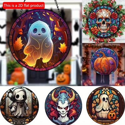 1 peça 2d Plano Madeira Halloween Horror Crânio Abóbora Redondo Placa de Madeira - 20cm Pintado Decoração de Janela Apanhador de Sol Pendente Quarto Casa Decorações de Parede