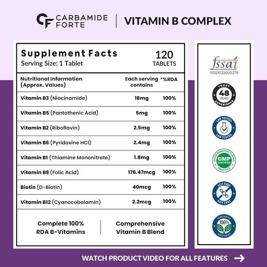 Carbamide Forte Vitamin B-Complex Tablets - 100% RDA for B Vitamins with B1, B2, B3, B5, B6, B9 & Vitamin B12 - 120 Vegetarian Tablets