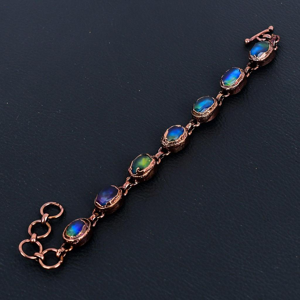 Ammolite Bracelet Gemstone Jewelry, Copper Electroformed Silver Bracelet, Adjustable Handmade Chain Bracelet Gift For Wife Jewelry