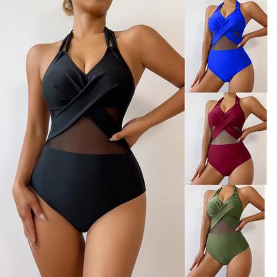 Women’s Sexy Mesh Monokini Bathing Suit One-Piece Bikini Swimsuit, Solid Color Halter Backless Swimwear
