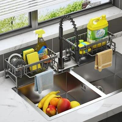 Küche Raum Aluminium Waschbecken Abfluss Rack Schwamm Lagerung Wasserhahn Halter Seife Abtropffläche Regal Korb Organizer Bad Zubehör