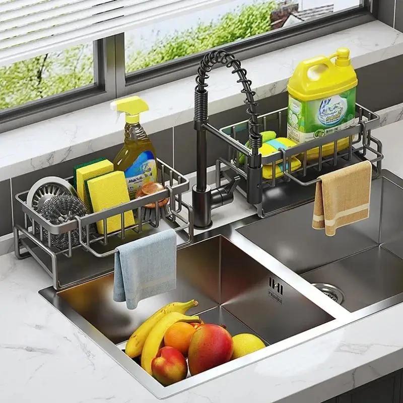 Kitchen Space Aluminum Sink Drain Rack Sponge Storage Faucet Holder Soap Drainer Shelf Basket Organizer Bathroom Accessories