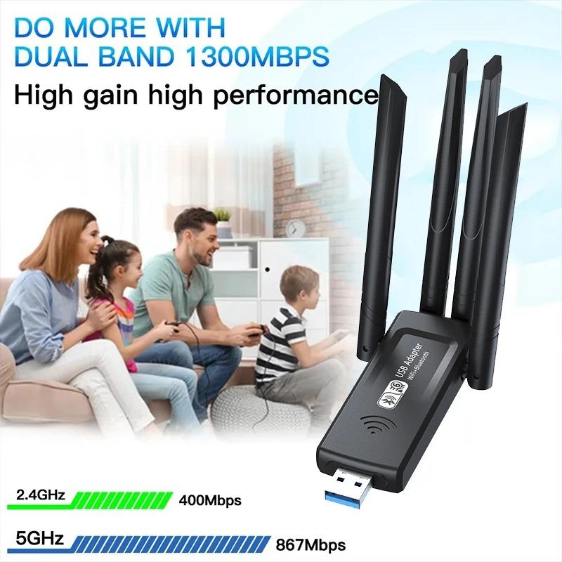 1300Mbps Bluetooth 5.4 WiFi Adapter Dual Band 2.4G/5Ghz Wireless Network Card 4-Antenna Wireless Receiver For PC/Laptop Driver Free