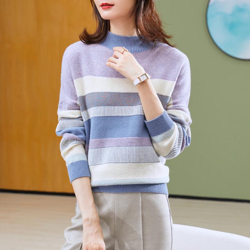 TUHUANG Women's Retro Striped Color Block Thickened Pure Wool Semi-High Neck Sweater