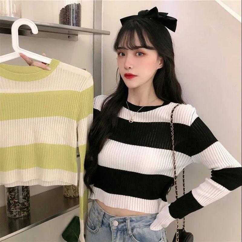 Pruhovaný zkrácený tenký pletený svetr s dlouhým rukávem Dámský ležérní top s kulatým výstřihem Jednoduché spodní tričko Y2k Pulovry Korejská móda