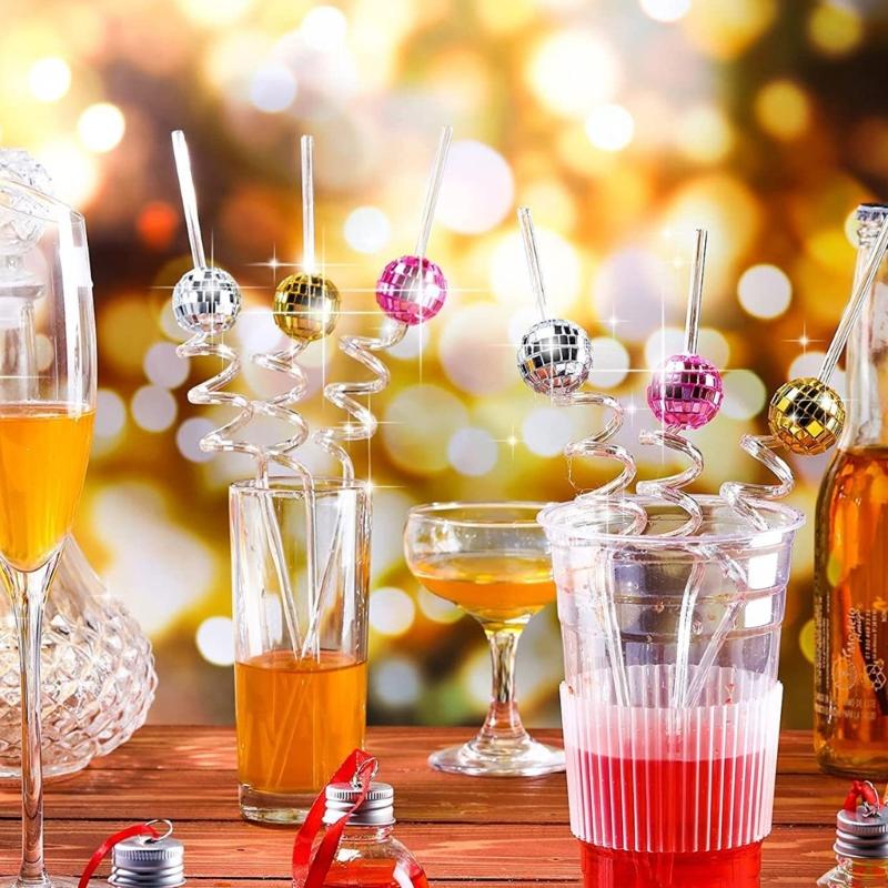 6Pcs/set Discos Decorative Straws Plastic Cocktail Straws Glitter Mirror Discos Balls Drinking Decor for Discos Party