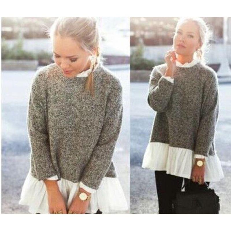 

Fashion Style Hem Neckline Ruffles Knitted Long Sleeve Grey S