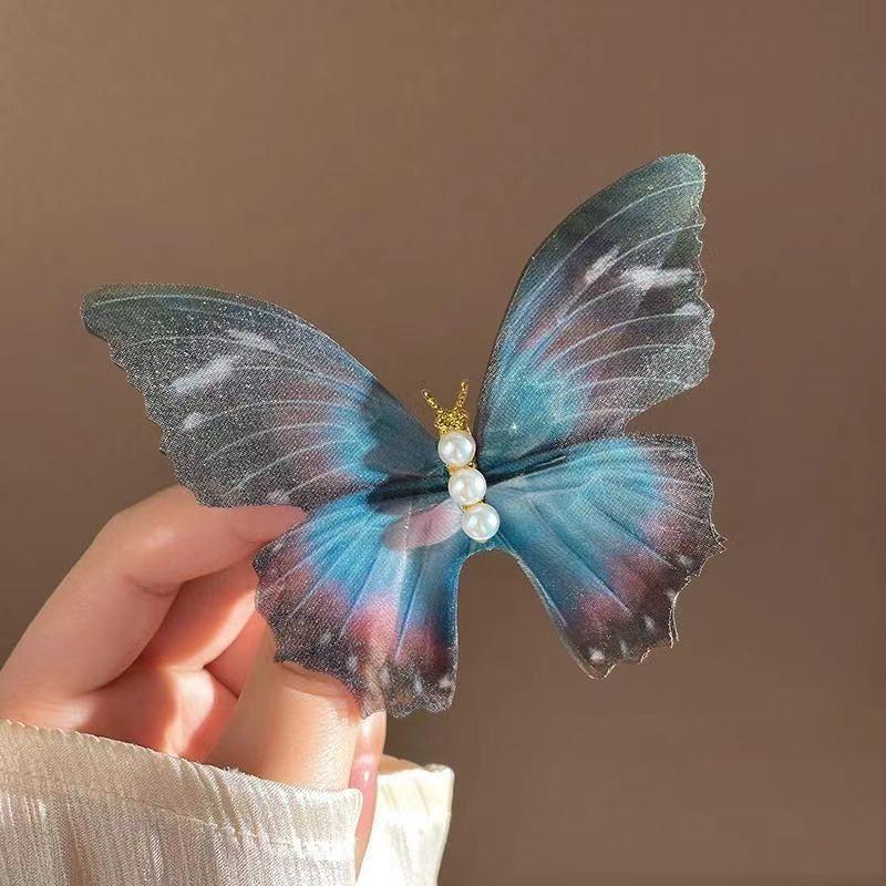 2pcs Immortal and Agile Chiffon Butterfly Hair Clip Forest Style Retro High-end Edge Clip Pearl Temperament Hair Clip