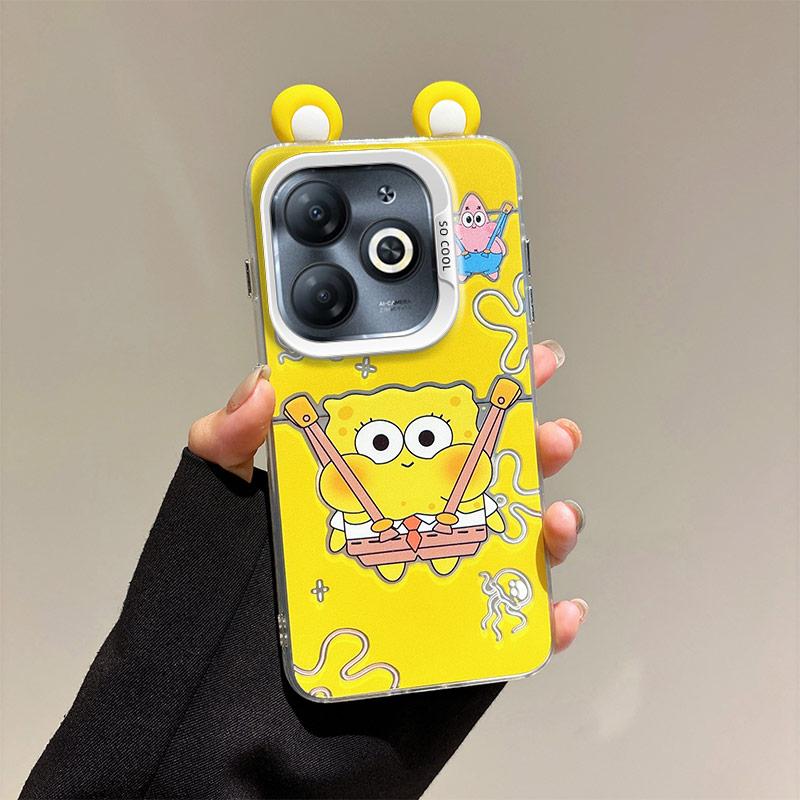 KEYSION Cute Ear Cartoon Case for Infinix Hot 40i with Lanyard Soft Silicone+PC Shockproof Phone Cover for Infinix Smart 8 HD