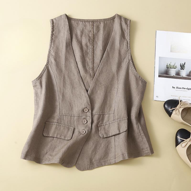 Women's Retro Vest Summer V-neck Casual Sleeveless Vest Cotton and Linen Thin Vest Jacket