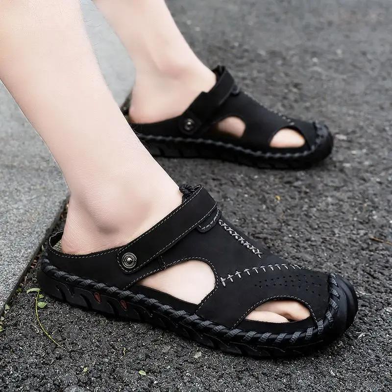 Fashion Male Slipper Slides Flat Genuine Leathe Beach Men's Shoe Rubber Clappers 2025 Y2k Fun Casual Comfortable Low Price Elegant Style